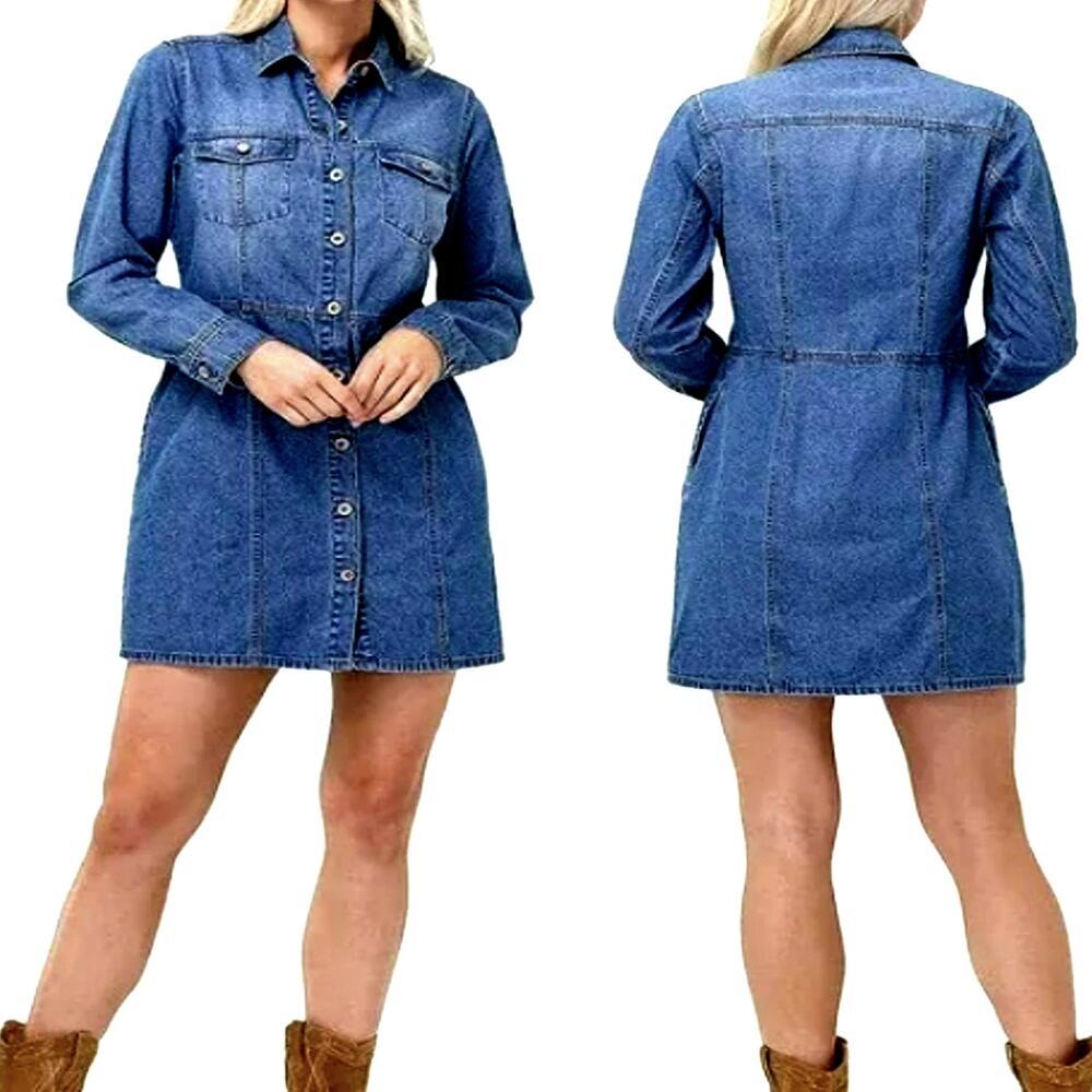Frye Women Denim Button Up Long Sleeve Shirt Mini Jean Dress XXL Faded Blue Wash - Picture 2 of 13